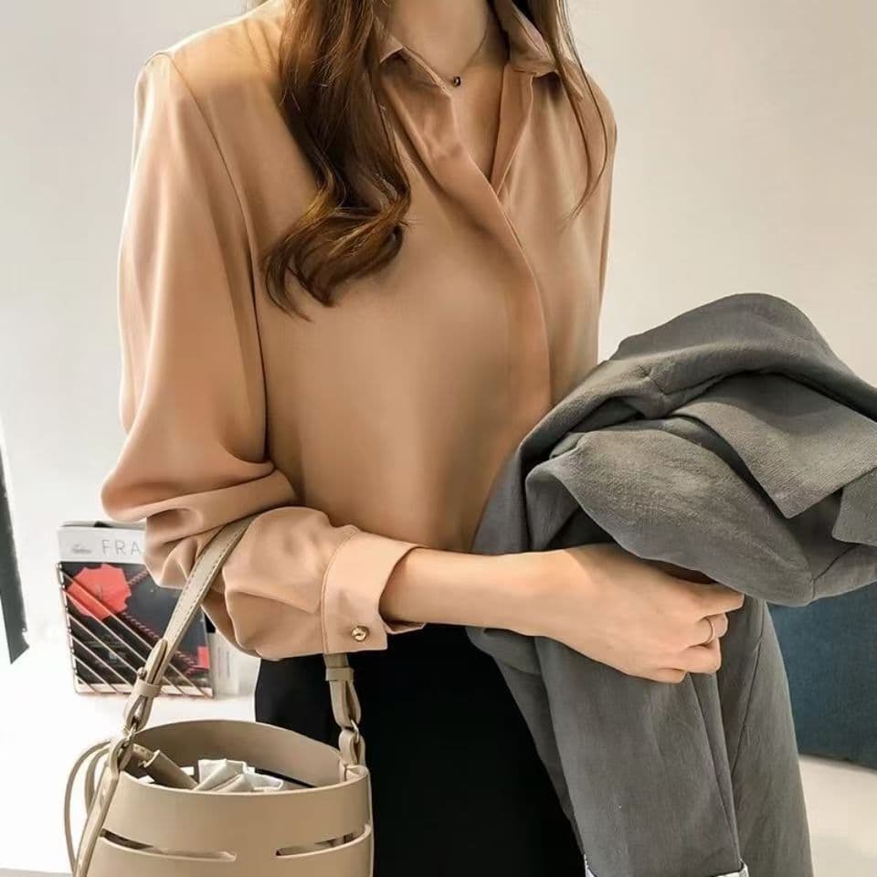 Cross-border Wholesale Spring New Korean Style Solid Color Blouse Women Long Sleeve Top Simple OL Chiffon Shirt Base Layer