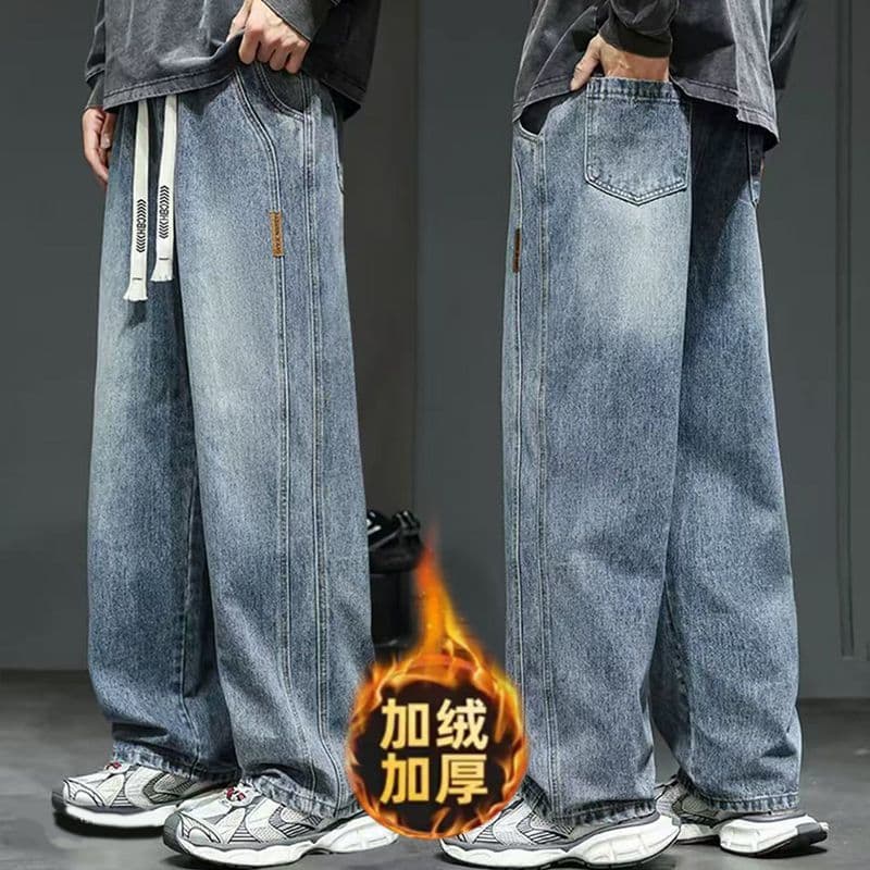 Winter essential velvet thickened jeans for men 2025 autumn and winter loose straight wide-leg casual trousers for men