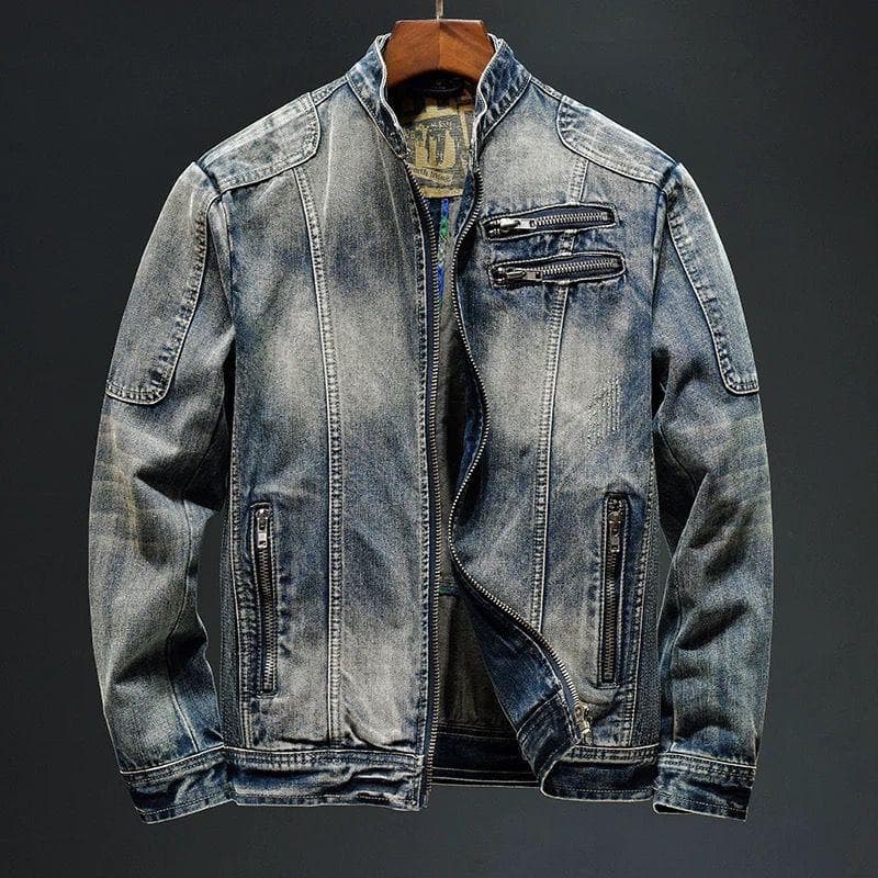 Light Luxury Motorcycle Denim Jacket Men's Vertical Collar Heavy Industry Zipper Jacket Spring and Autumn New Retro Trendy Brand European Jacket