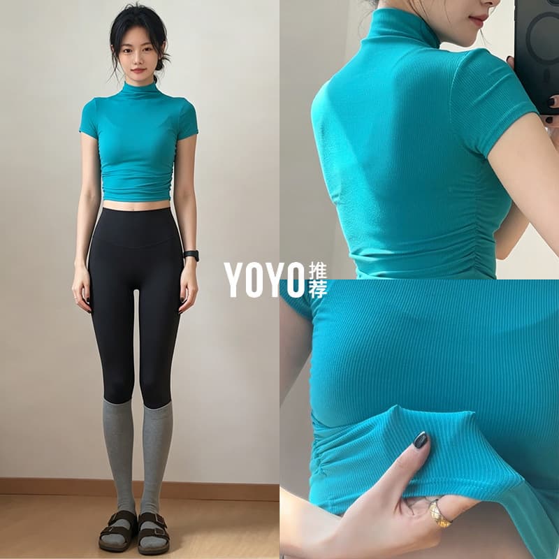 Trendy Short Half-Turtleneck Yoga Set, Ruched Waist Short Sleeve Top, High-Waist Lifting Black Shark Pants Two-Piece for Women