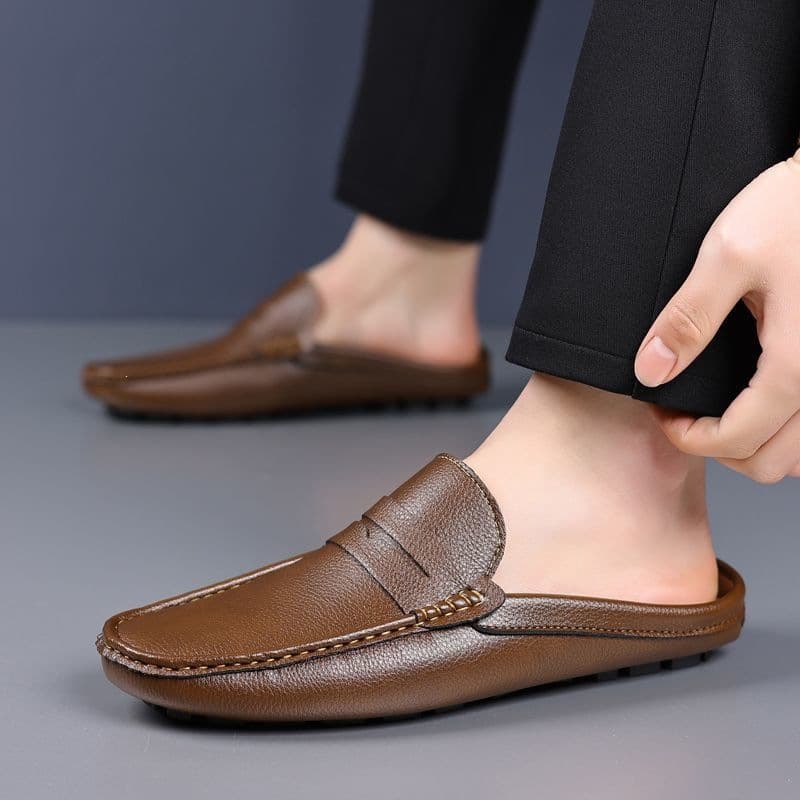 Men's Half-Wrap Driving Shoes Genuine Leather Summer Casual Loafers Open Heel Moccasins Slip-On Outdoor