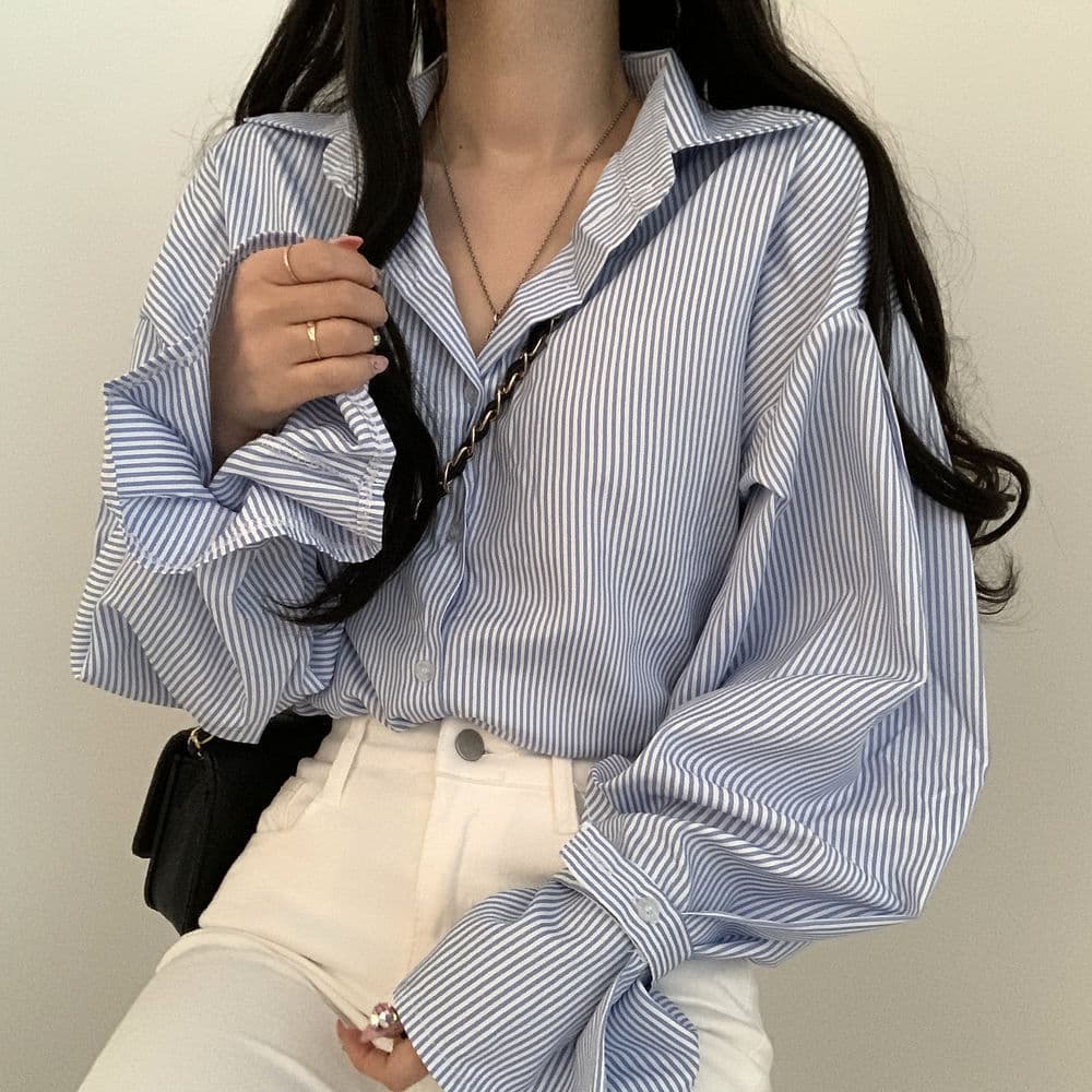 2025 New Design Loose Fit Lantern Sleeve Striped Blouse Top for Women - European and American Cross-Border Style