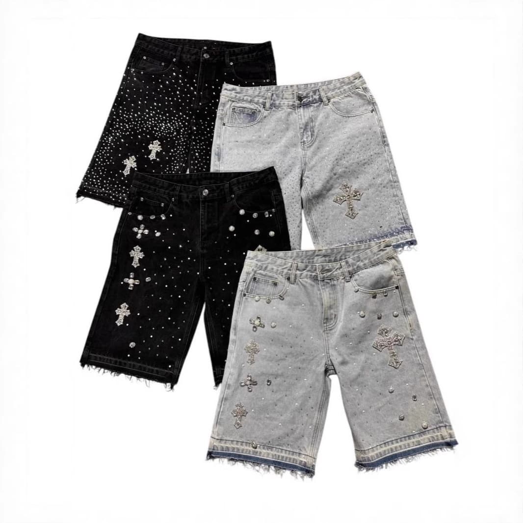 European and American cross-border high street full of diamonds hip-hop cross straight hot diamond denim shorts men's trendy brand five-point jeans