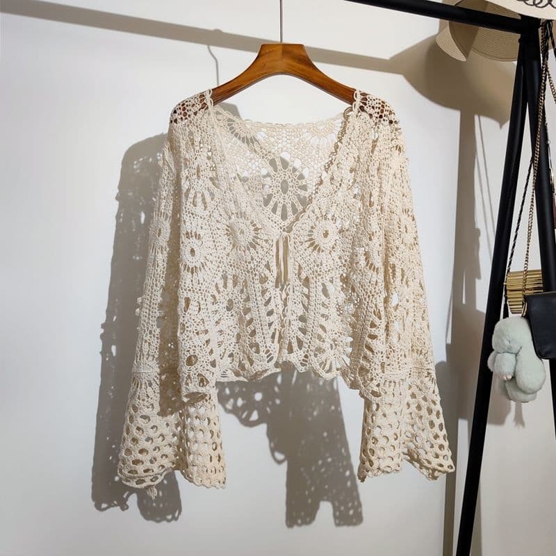 Crochet Lace-up Knit Cardigan for Women Summer New Bohemian Vacation Style Long Sleeve Short Top Cover-up