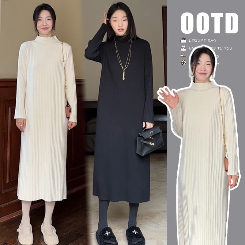 New Maternity Wear Simple Autumn/Winter Straight Loose Semi-Turtleneck Knit Dress, Versatile Slimming Base Dress