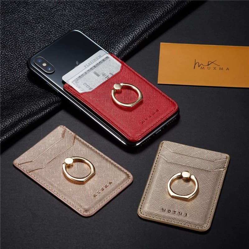 Amazon In Stock Double-Layer Bracket Phone Sticker Card Holder PU Leather Finger Ring Holder Phone Bracket Card Sticker Phone Pouch