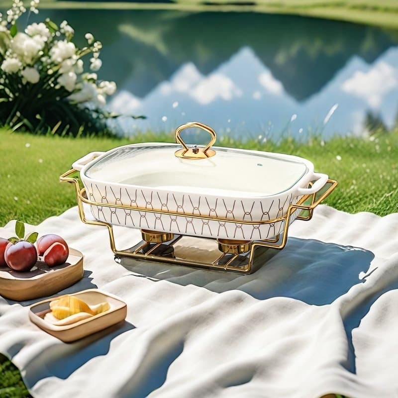 Exquisite High-end Wavy Rectangular Double-handled Ceramic Casserole Outdoor Picnic Camping Portable Insulated Soup Pot Wholesale