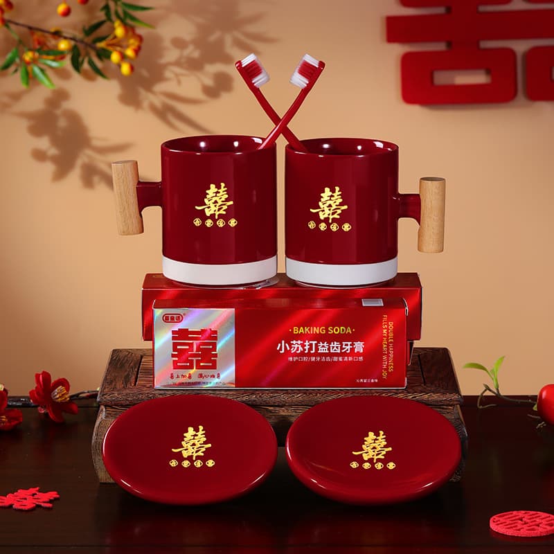 Wedding Bathroom Gift Set - Red Toothbrush Cup, Mouthwash Cup, Soap Dish, Bridal Dowry Items, Newlywed Gift