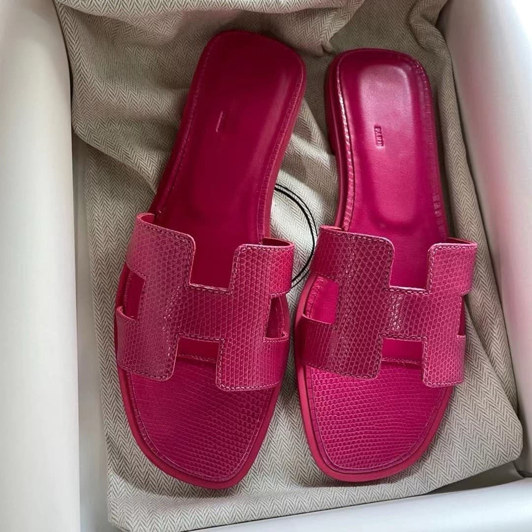 LUXURY French style H lizard ostrich leather sandals Oran flat slippers women's fashion high-end all-match beach shoes