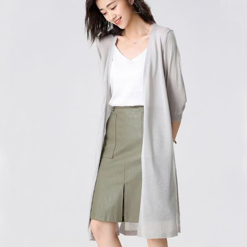 Ice Silk Knitted Cardigan Women Mid-Length Coat 2026 Summer Thin Sun Protection Sweater Korean Style Air Conditioning Room Outerwear Wrap Shawl