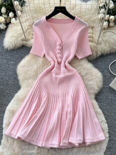 Salty Style V-Neck Short Sleeve Slim Knit Dress for Women, Summer Waist-Slimming A-Line Dress, Commute Elegant Dress