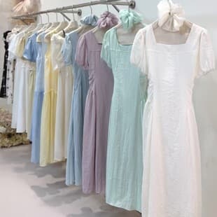 New style wholesale supply, short-sleeve long dress, sweet square neck dress, waist-cinching, age-defying, women's forest-style summer