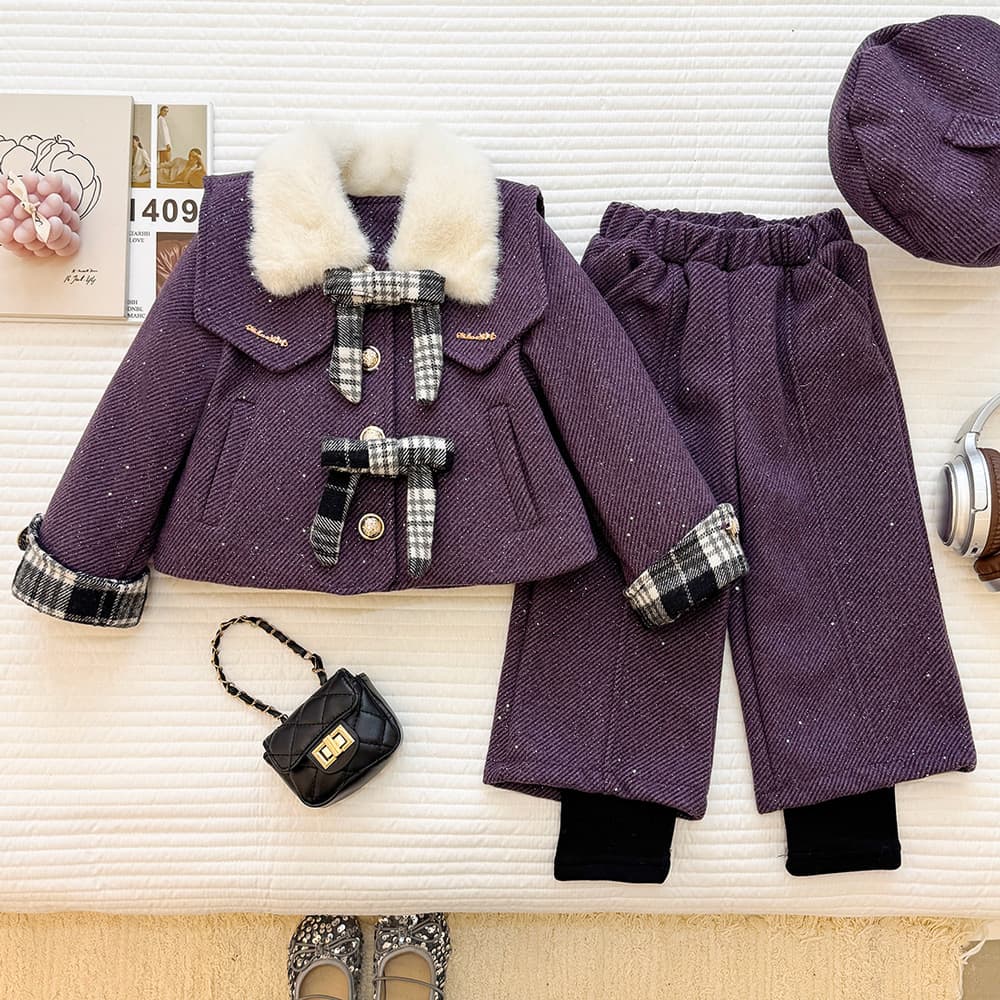 Girls' fleece suit winter 2025 new little girl fur collar bow coat wide leg pants two-piece trendy set