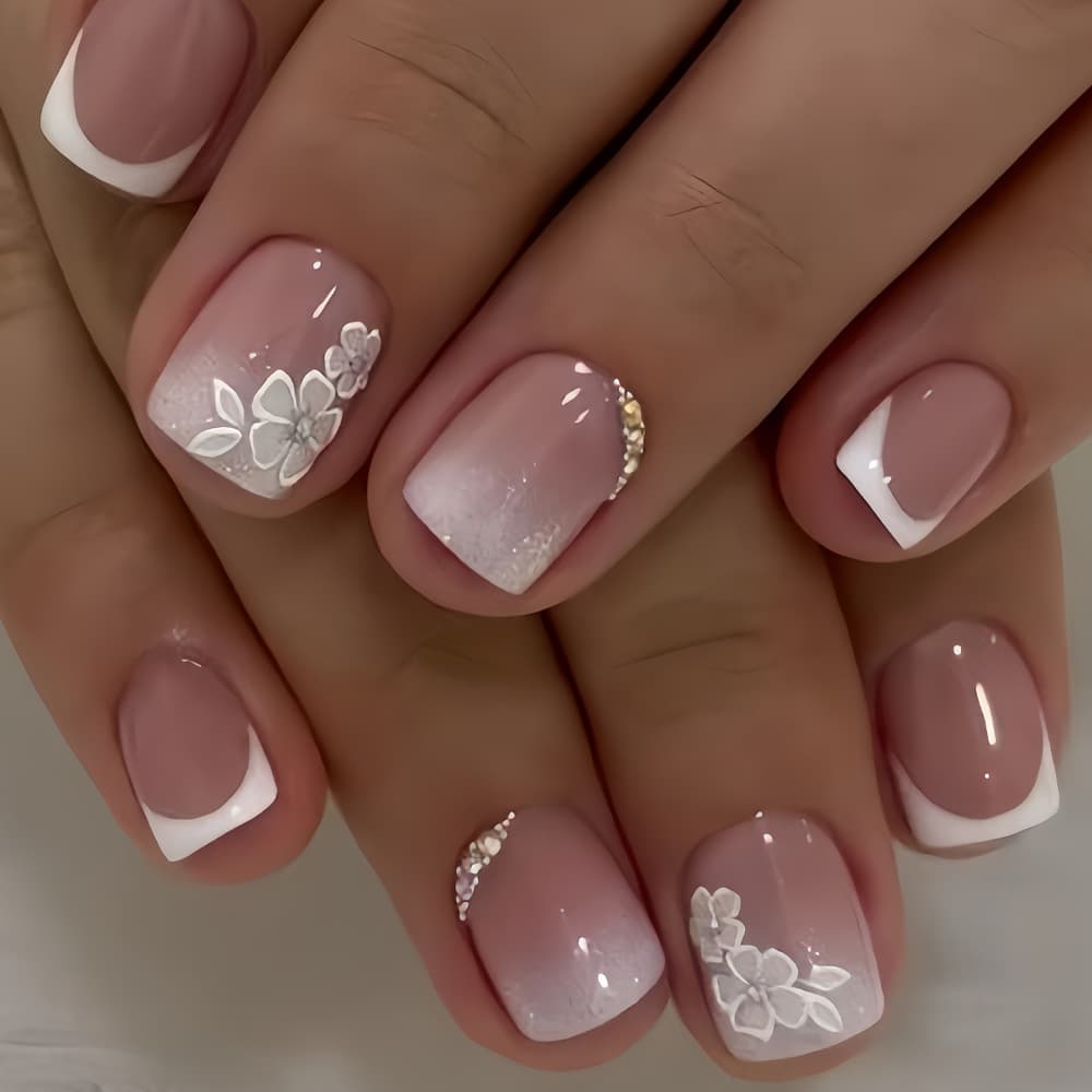Cross-border hot selling white border French floral manicure pink gradient 3D rhinestone silver bead design wearable manicure nail polish
