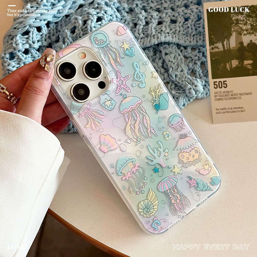 Large Hole IMD Compatible with iPhone 16 Pro Max Case Cute Iridescent Jellyfish Group Apple 17 Phone Case