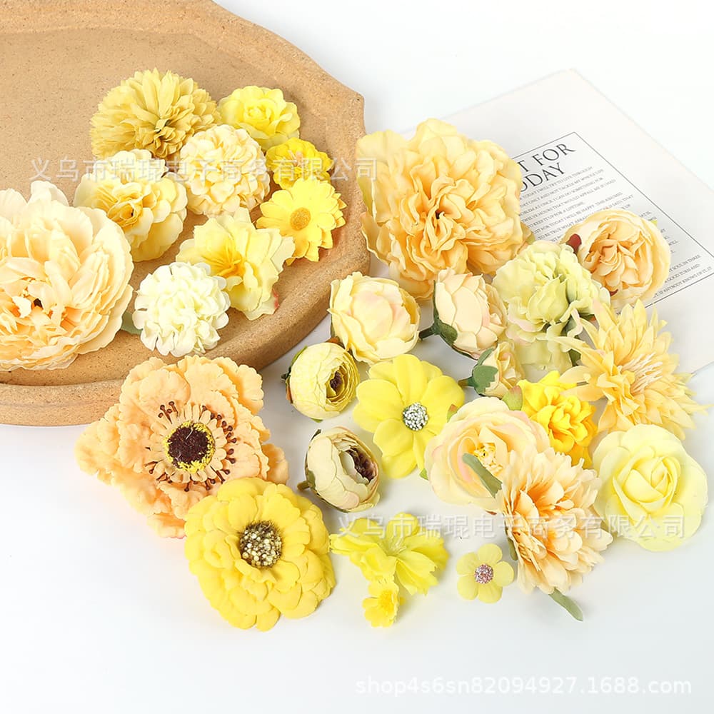 Artificial flower yellow rose head artificial flower artificial flower diy material high-end realistic wedding flower decoration