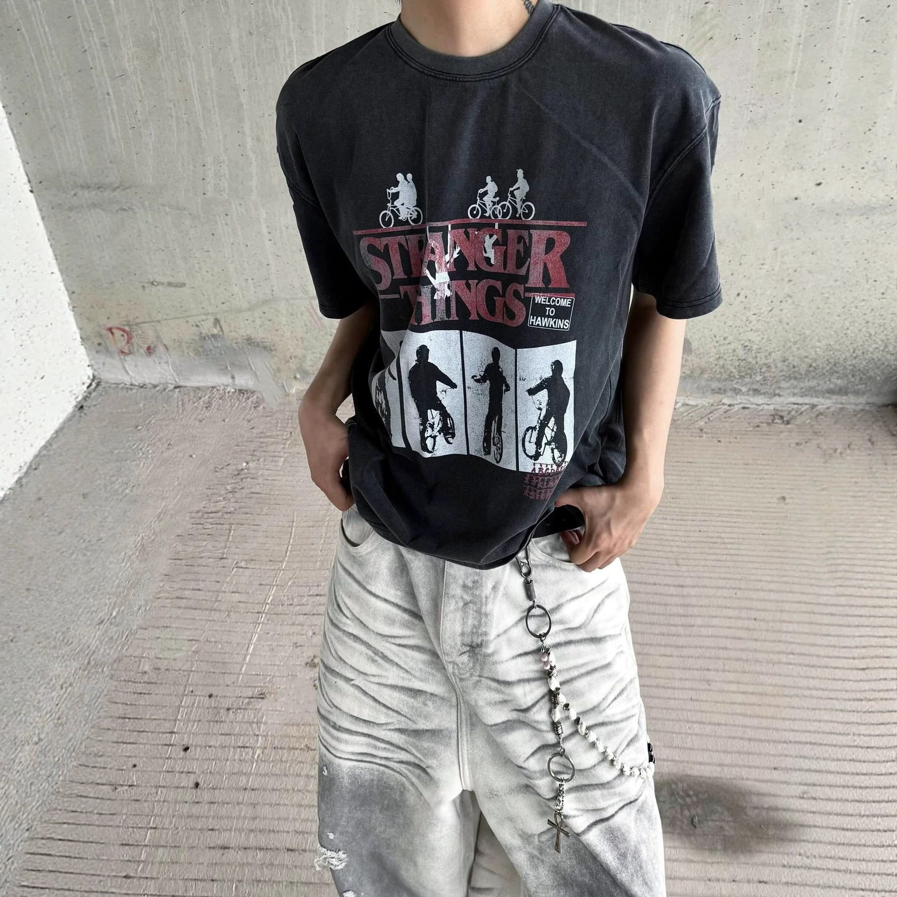 Premium "Stranger Things" Vintage Washed Distressed Boxy Cropped Short Sleeve T-Shirt for Men and Women