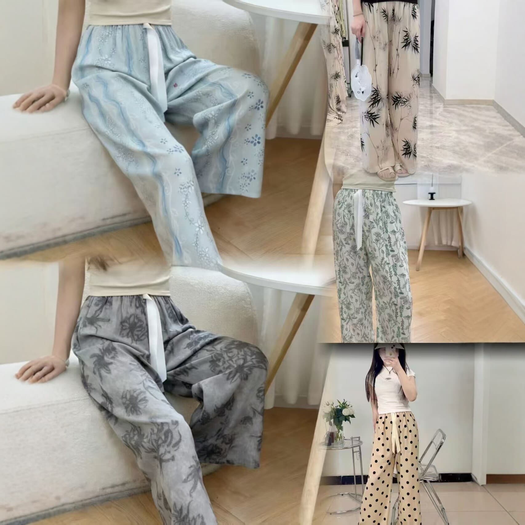 Women's Sleep Pants Summer Thin Cotton Printed Wide Leg Pants, Wearable Outside Home Pants, Loose Fit Plus Size Casual Long Pants