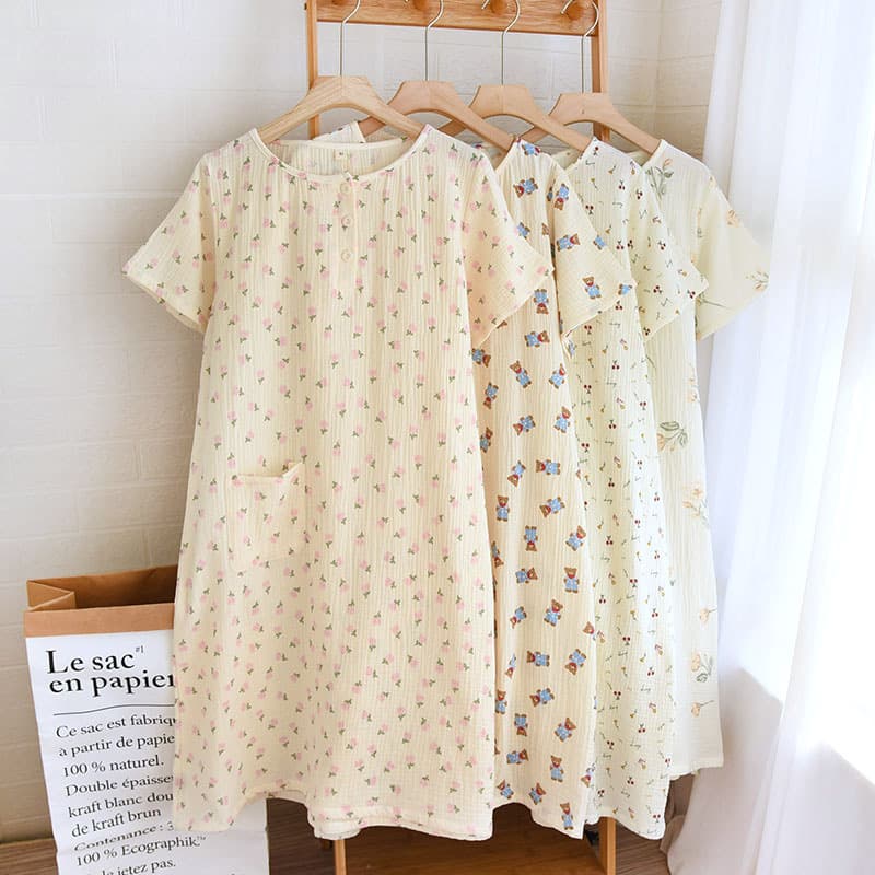 Summer Loose Nightgown Wholesale New Short Sleeve Sleep Dress Crepe Double Layer Gauze Pure Cotton Plus Size Maternity Loungewear