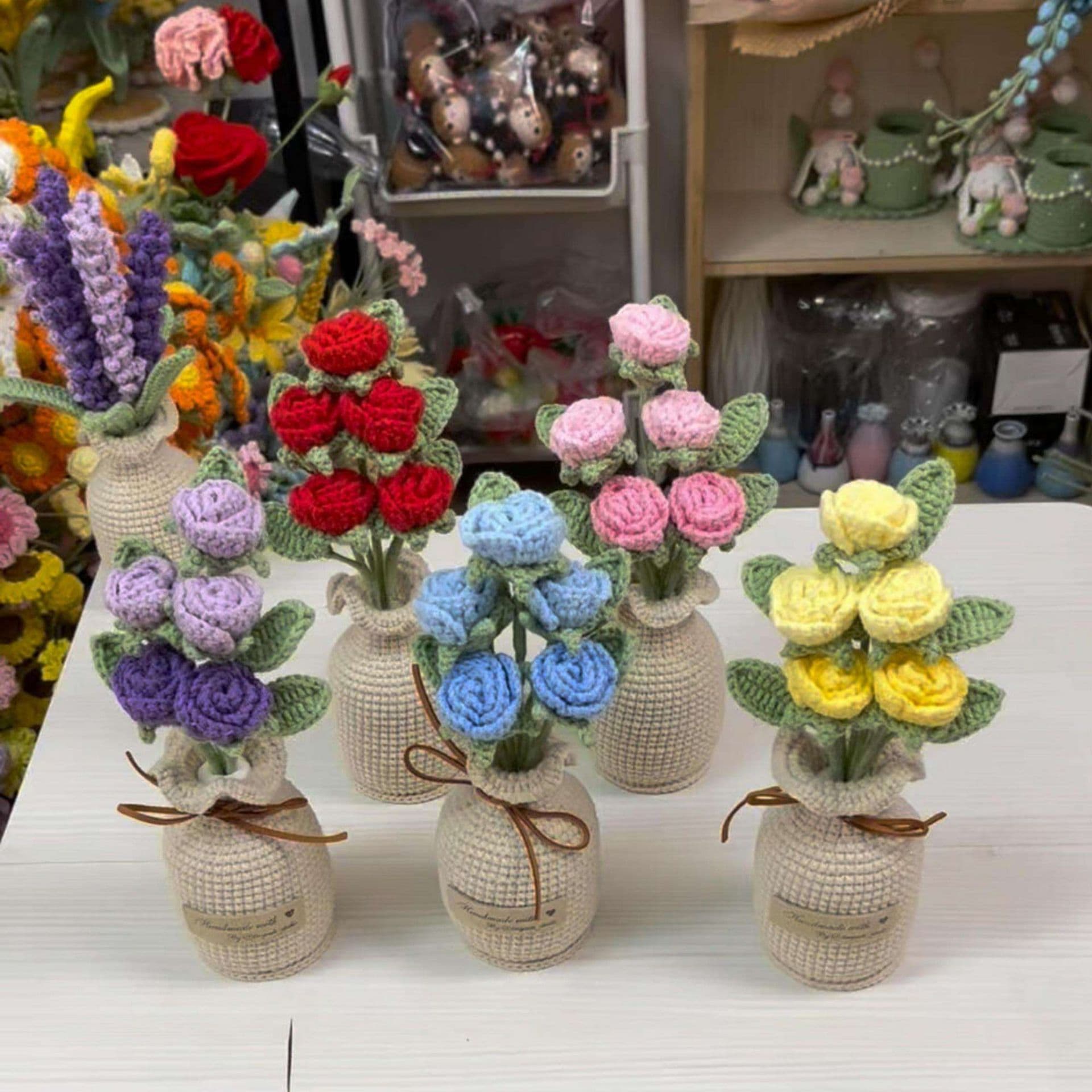 Finished Handmade Crochet Tulip Potted Plant Home Decoration Yarn Knitted Rose Simulation Flower Desktop Bonsai