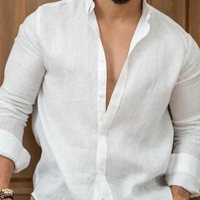 2025 Foreign Trade Amazon European and American Cotton Linen Solid Color Men's Shirt Youth Casual