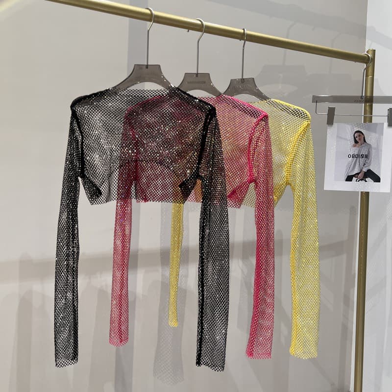 Sexy Thin Colorful Diamond Short Top Mesh Diamond Outerwear Long Sleeve Shirt Flashing Party Shirt Polyester Fiber round Neck