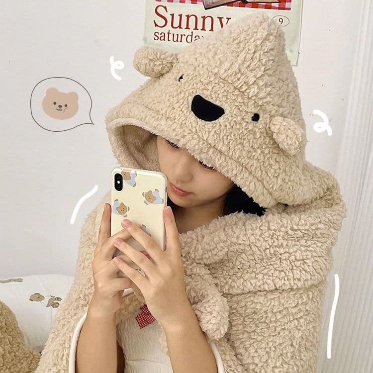 Cartoon Bear Cute Autumn/Winter Thick Warm Blanket Shawl with Hood, Student Nap Cloak-Style