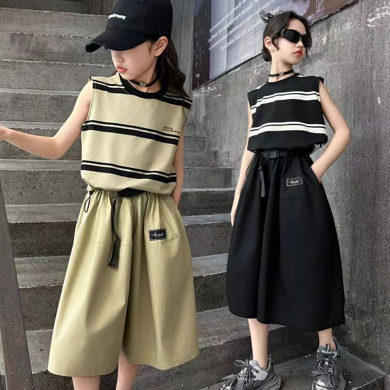 Girls Summer Outfit Set 2025 New Fashionable Big Girl Children's Summer Casual Striped Skirt Pants Two-Piece Set Skirt Pants