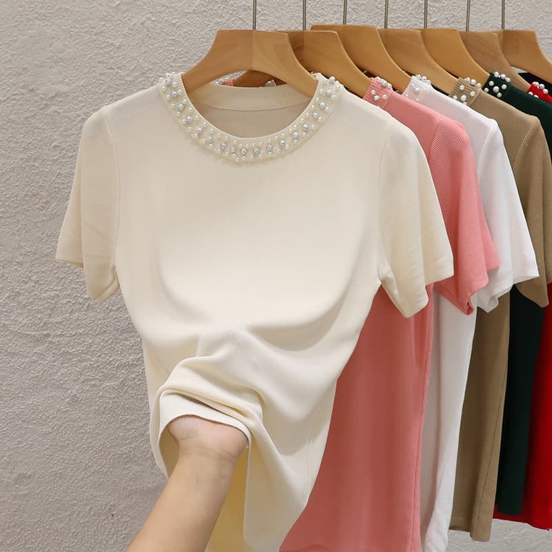 2025 New Summer White Right Shoulder T-Shirt Women's Design Versatile Knitted Short-Sleeved Slimming Look Top for Petite Women