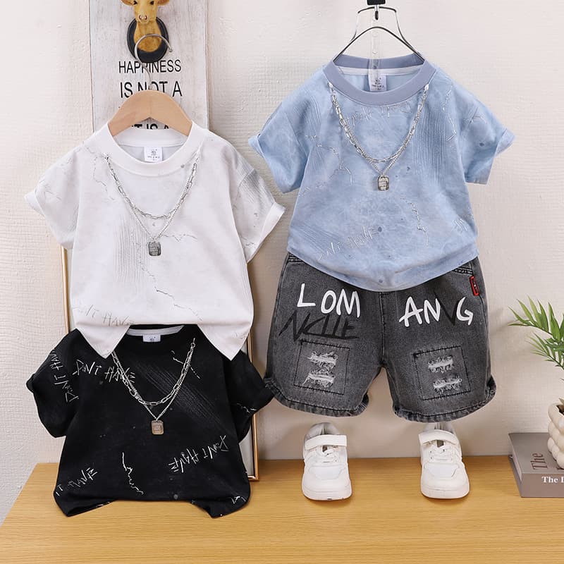 Cross-border children's clothing, baby boy's summer clothing, new children's necklace, letter short-sleeved boy's casual denim shorts two-piece set