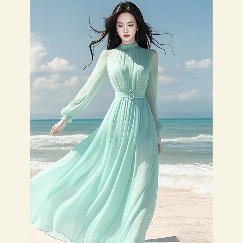 Spring French Elegant Goddess Style Gentle Long Dress Premium Seaside Blue Chiffon Dress
