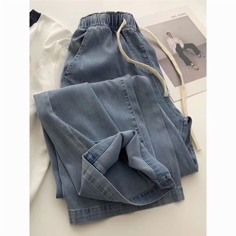 Plus Size Women's Jeans 2-300 lbs High Waist Summer Thin Style Fat mm Loose Elastic Waist Straight Wide Leg Pants