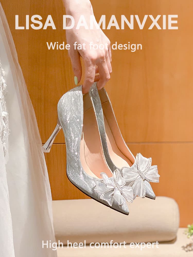 Wide Fit Wedding Shoes, Silver French Crystal, Small Heel, Comfortable for Wide Feet, Low Heel