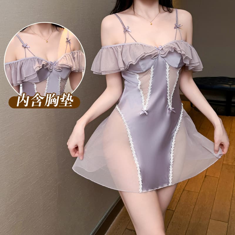 Cross-border Satin Mesh Side Cutout Temptation Sexy Nightgown Lace Trim Butterfly Knot Accent Pure Sexy Pajamas