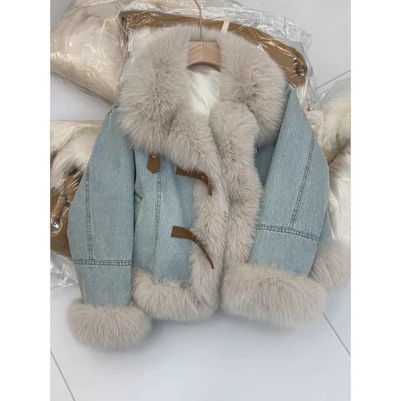 Korean Light Blue Denim Jacket for Women, Fashionable Quilted Thick Down Warm Faux Fur Coat