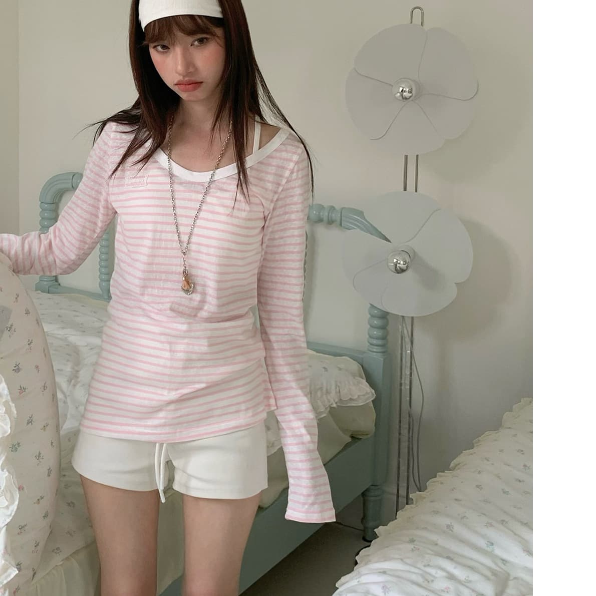 Soft and Sweet Outerwear Top, Regular Shoulder Fit, Pink Striped Long-Sleeve T-Shirt for Women, Autumn Top, Sun Protection Cover-Up, Light Pink