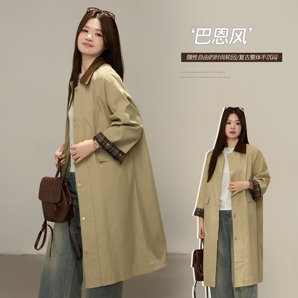 Women's elegant twill color-blocked trench coat, new autumn/winter style, plus size, loose fit, slimming outerwear, coat 65505