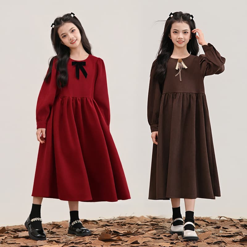 Girls Red Elegant Bow Dress Autumn Winter New Medium to Large Size Fleece Lined Long Sleeve Loose Slimming Long Dress