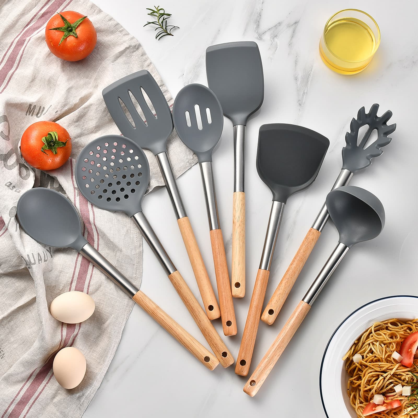 Factory Direct Wooden Handle Silicone Kitchen Utensils 8-Piece Set High Temperature Resistant Cooking Spatula Spoon Kitchen Sets