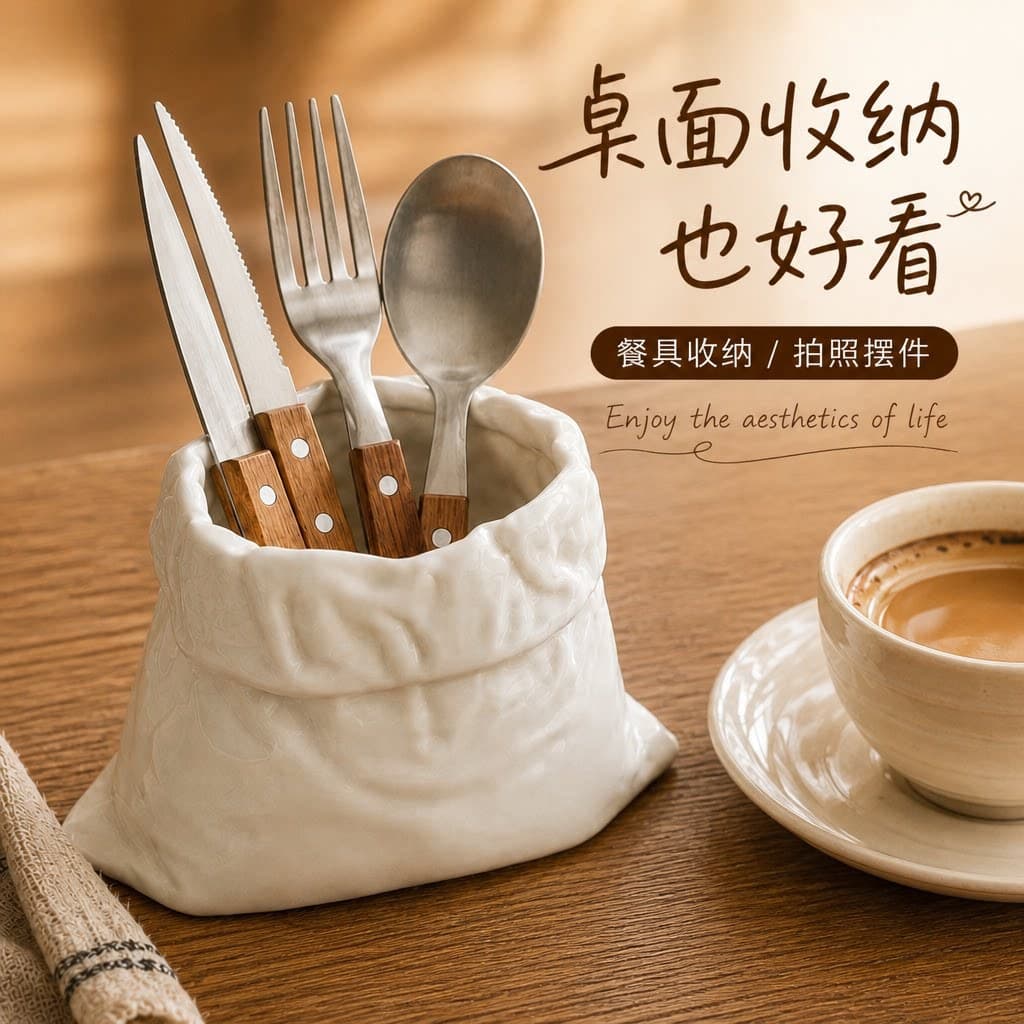 Cross-border Ceramic Pure White Bag Cup Coffee Mug, High-Aesthetic Dessert Cup, Tableware Storage Cup, Creative Mug for Home