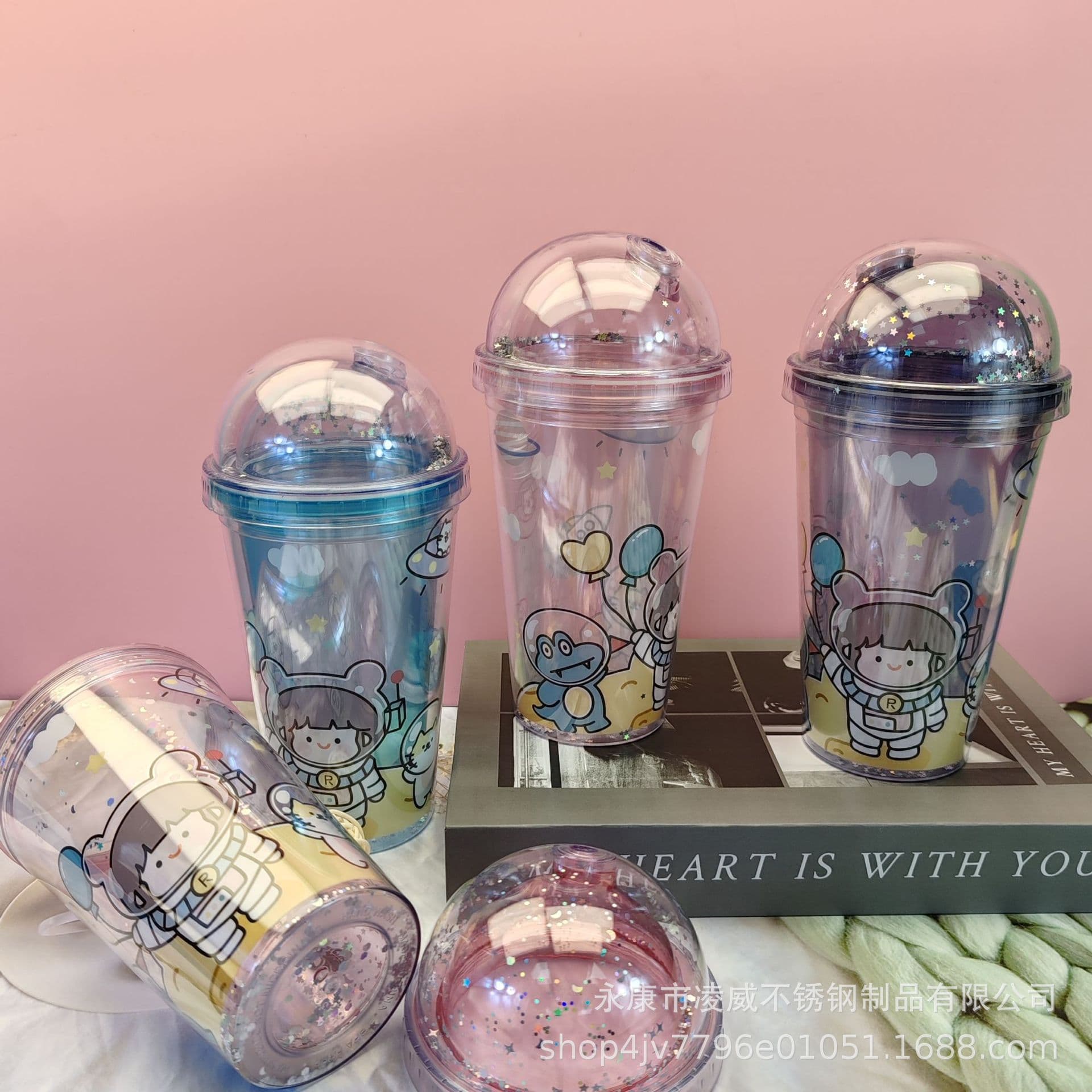 Balloon Girl INS Water Cup Double-Layer Plastic Cup Transparent Straw Cup 16oz Glitter Pink PS Double Lid Avocado T Cup