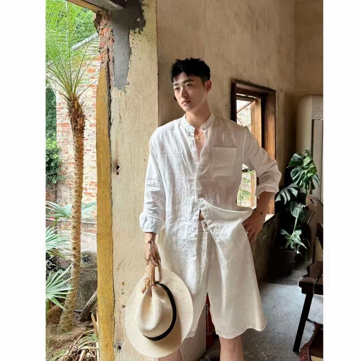 Tencel Linen Old Money Stand Collar Quick-Dry Lightweight Breathable Cooling Sun Protection Long Sleeve Shirt Relaxed Minimalist New Luxury