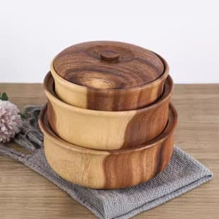 Solid Wood Fruit Bowl with Lid, Wooden Dried Fruit Box, Flat Bottom Soup Bowl, Soup Pot, Soup Bowl, Large Wooden Noodle Bowl