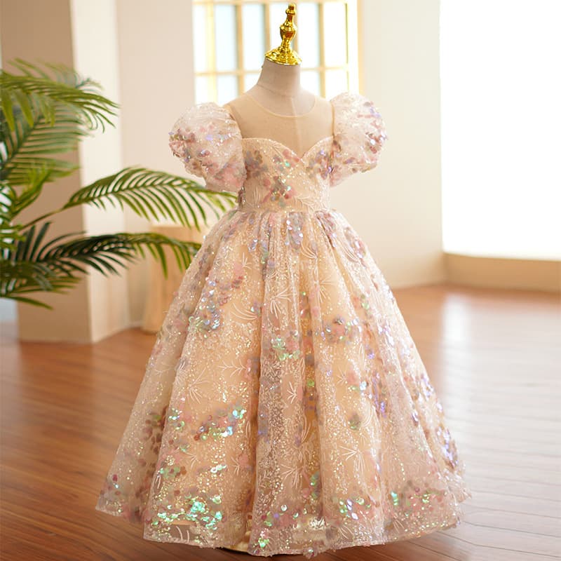 Girls Princess Dress 2025 New Flower Girl Wedding Little Girl Dress Heavy Craft Children Piano Performance Costume