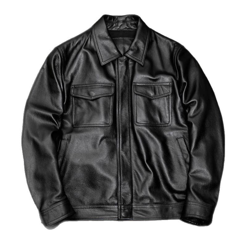 New Cowhide Grain Jacket Vintage Distressed Leather Jacket Men Stand Collar Motorcycle Riding Short Slim Fit Blazer Coat Fashion