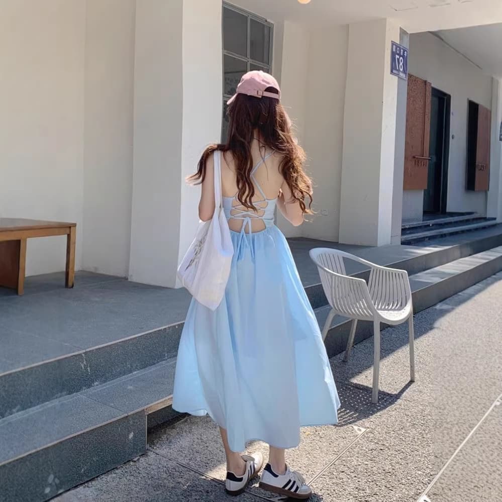 Blue backless halterneck dress for women summer new style waist slimming suspender skirt French style gentle temperament long skirt