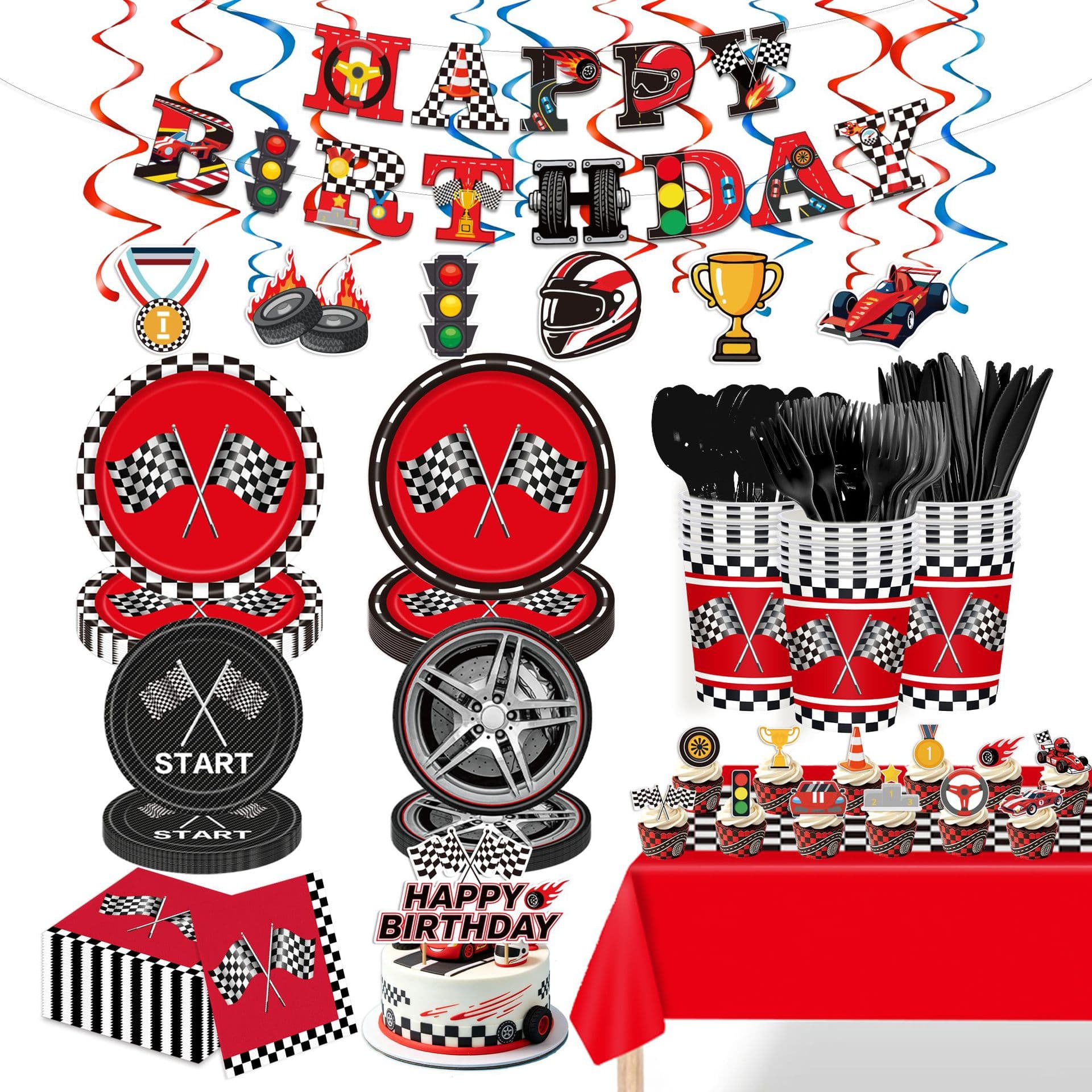 Black and white grid racing theme boy birthday party set kart racing theme boy birthday party supplies