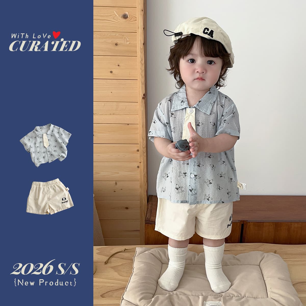 Korean children's clothing baby boy two-piece thin cartoon full-print short-sleeved shirt loose overalls shorts summer suit