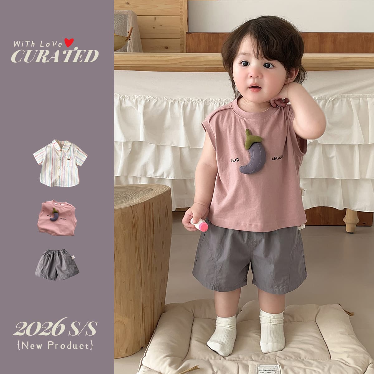 [Customized] Baby boy summer clothes eggplant T-shirt three-piece set summer overalls shorts 1 boy Korean style suit