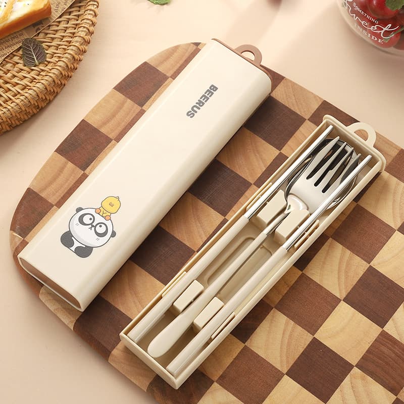 304 Portable Cutlery Box, Stainless Steel Fork, Spoon, Chopsticks Student Travel Utensils 3-Piece Set, Customizable Logo